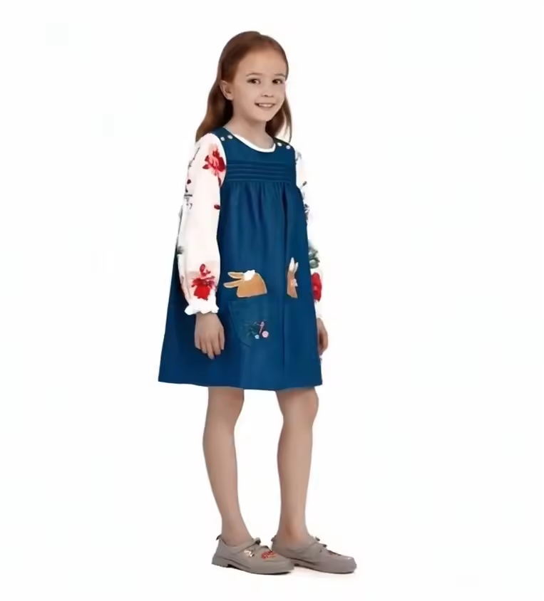 Denim Tank Dress Fake 2 pcs Long sleeves Dress Smocking With Embroidery For Kids Girls 6-10 y Manufacturing