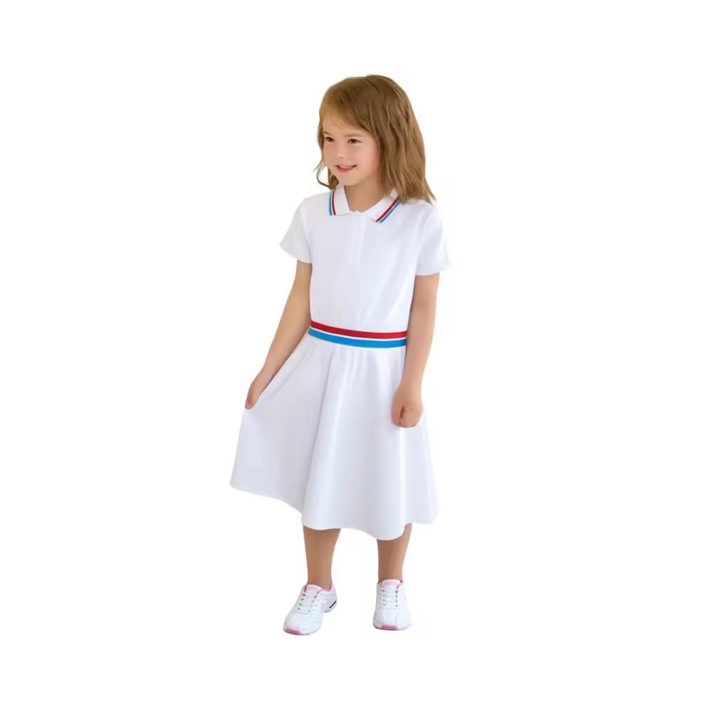 Little Girls Fashion Style High Quality Custom Polo Shirt Dress White Stripe Pleated Design