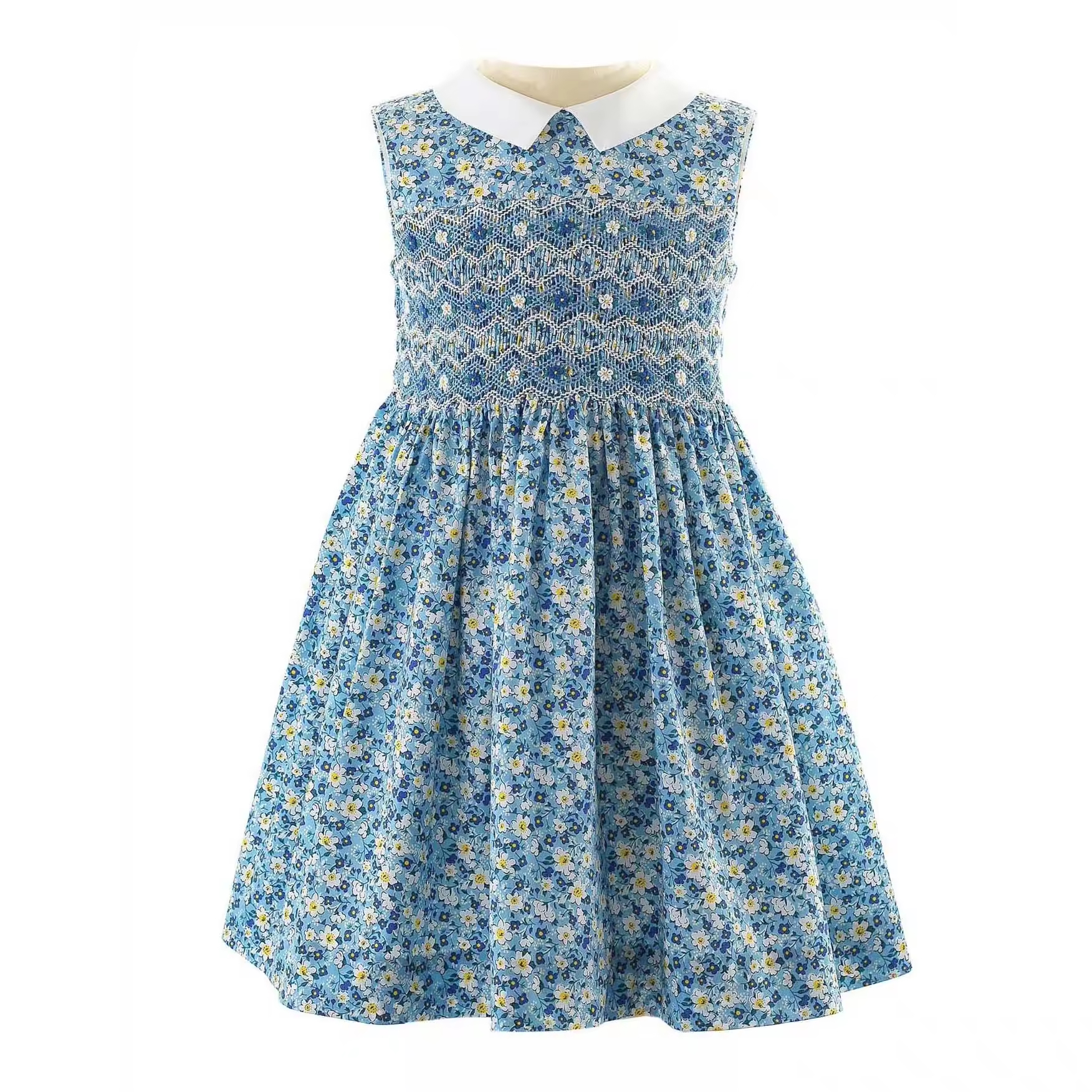 Customized Floral Print Baby Girls' Embroidered Smocked Dresses Sleeveless Girl Dress Summer With White Collar