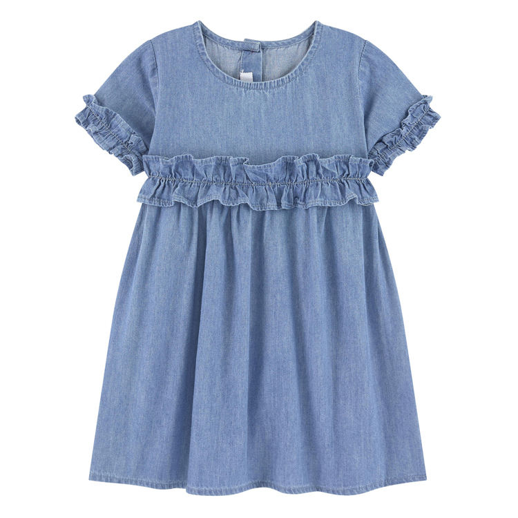Guangzhou Factory Production Blue Color Denim Summer Dresses Ruffles Jean Dress for 2-10 Year