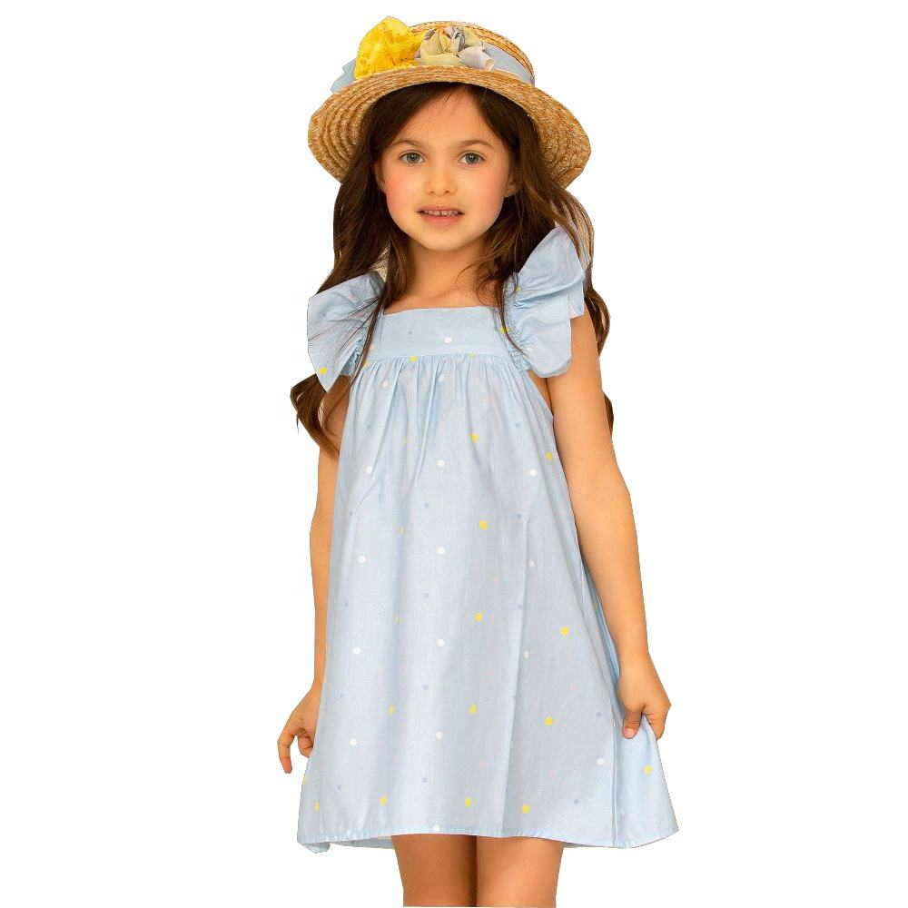 Misswinnie Brand Summer Mini Dress for Baby Girls Light Blue With Dot Print Ruffle Sleeveless for Age 12 Years