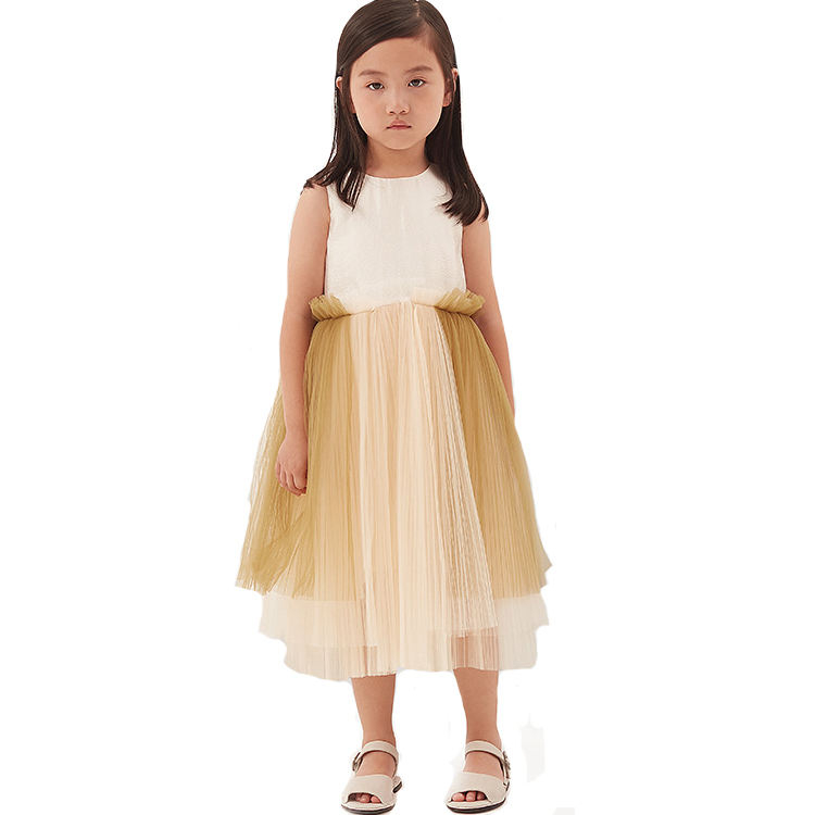 Custom Kids Champagne Tulle Pleated Midi Dress Sleeveless White Bodice Formal Gown for Birthday Party Communion and Bridesmaid