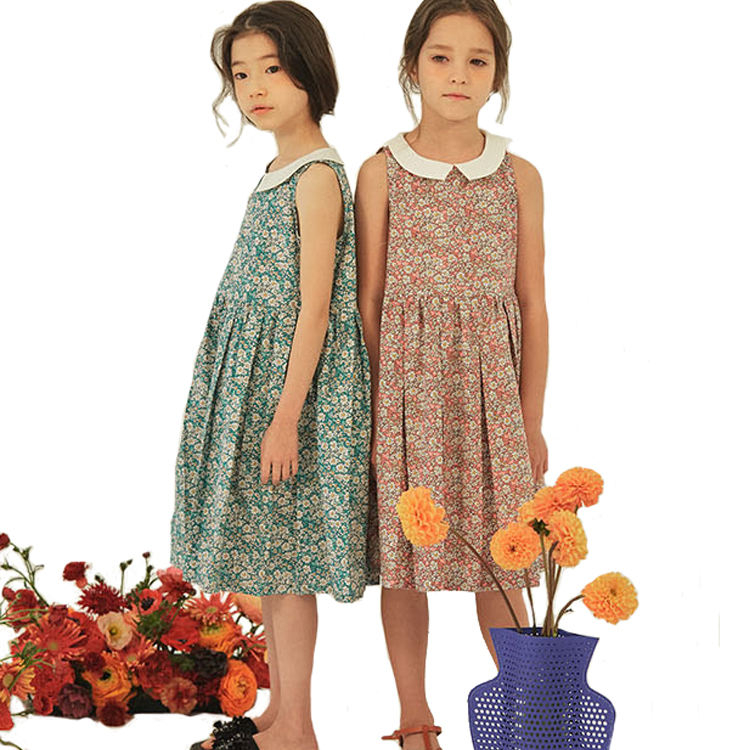 2025 Summer Vintage Casual Crew Neck Sleeveless Knee-Length Floral 100% Cotton A-Line Breathable Dress for Girls