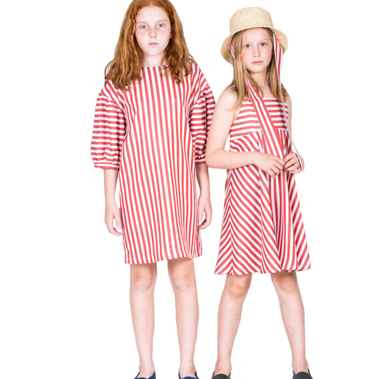 Guangzhou Factory Best Price Red Stripe Dress Knee Length Half Sleeve and Sleeveless Baby Girls Party Dresses