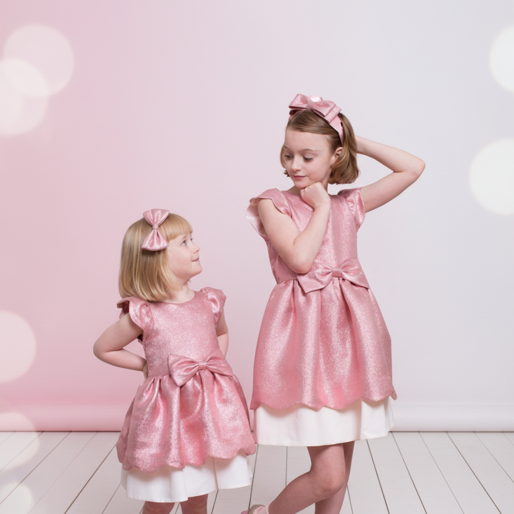 Guangzhou Garment Manufacturer Children Girls' Casual Dresses Jacquard Solid Bow Design for 6 & 7 Years Old